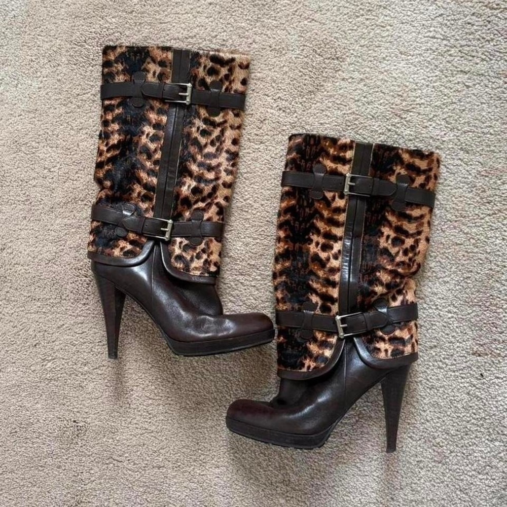 Leopard print leather haircalf buckle heel boots